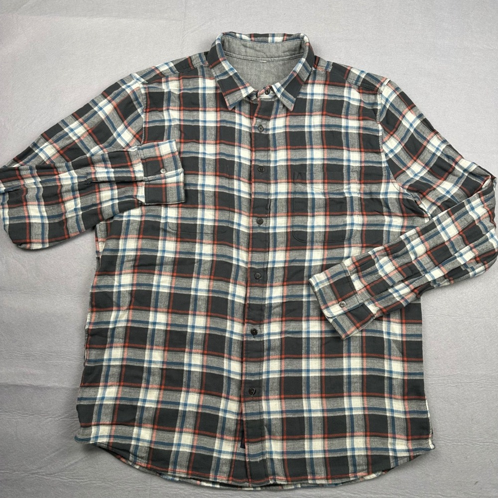 Faherty Reversible Plaid Flannel Shirt Mens XL Gray Blue Orange Double Cloth